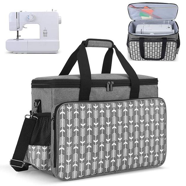 Yarwo Sewing Machine Carrying Case with Bottom Wooden Board, Universal Sewing Machine Tote Compatible with Most Standard Sewing Machine and Accessories,Gray with Arrow