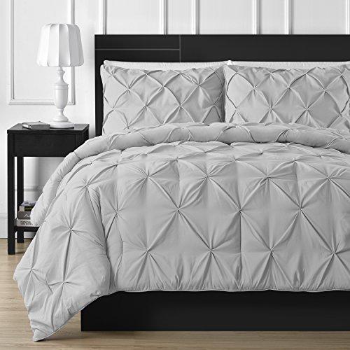 Comfy Bedding Double Needle Durable Stitching 3-Piece Pinch Pleat Comforter Set All Season Pintuck Style, King, Light Grey