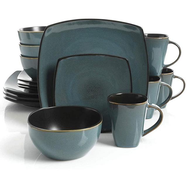 Gibson 116355.16 32-Piece Embossed Glazed Dinnerware Set with Plates, Bowls, and Mugs, Microwave and Dishwasher Safe, Teal and Black