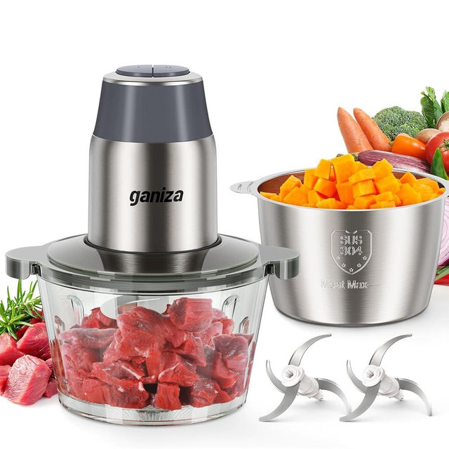 GANIZA Food Processors, Electric Chopper with Meat Grinder & Veggie Chopper - 2 Bowls with Powerful Copper Motor - Includes 2 Sets of Bi-Level Blades for Baby Food/Meat (Grey, 8 Cup+8 Cup)