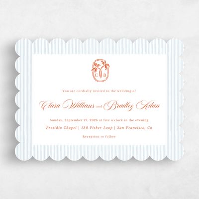 Orange Scalloped Wedding Invitation - Seychelles Landscape