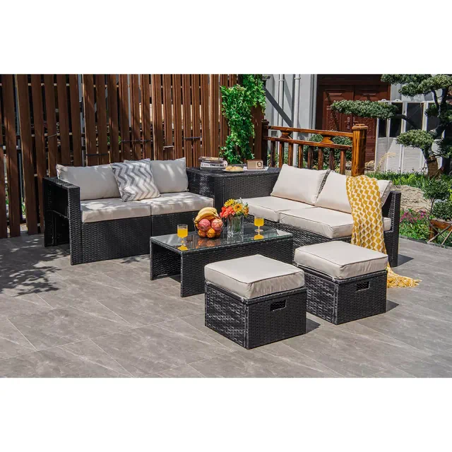 Costway 8PCS Patio Rattan Furniture Set Storage Table Ottoman Off White cover