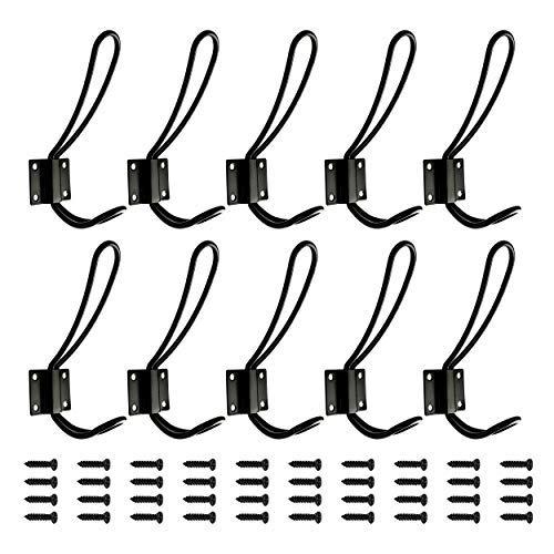 OUSHINAN Rustic Entryway Hooks | 10 Pack of Black Wall Mounted Vintage Double Coat Hangers with Large Metal Screws Included