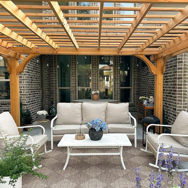 MIXPATIO 4 Piece Patio Furniture Set, 2 x Rocking Chair, 1 x 3-Seat Sofa with Marbling Coffee Table, All Cushioned 5 Seats Outdoor Conversation Set for Lawn Deck Backyard, Beige
