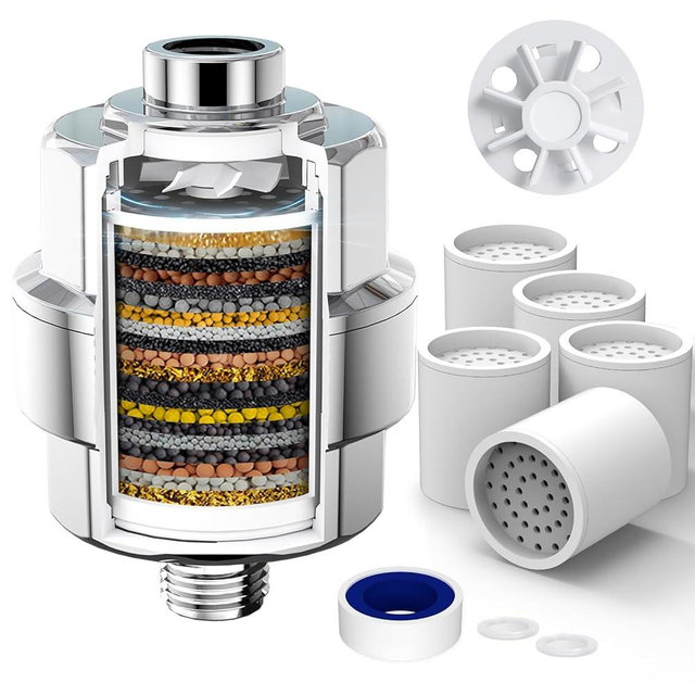 20-Stage Shower Filter-Shower Head Filter for Hard Water, with 5 Replaceable Cartridges, High Output Shower Water Filter for Removing Chlorine and fluoride, Polished Chrome