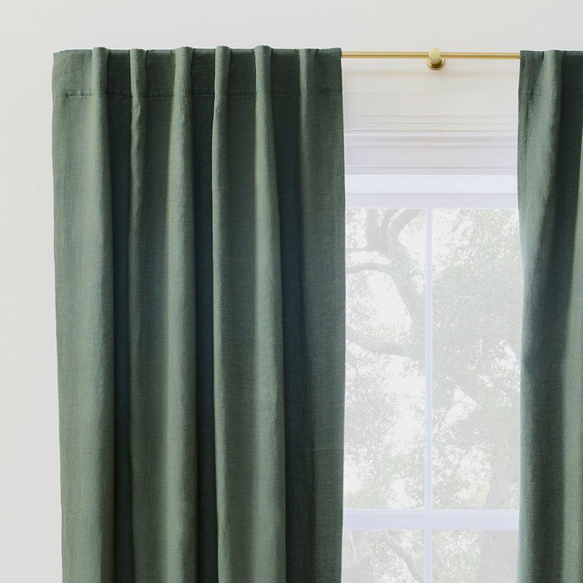 European Flax Linen Blackout Curtain, Olive Melange, 48x108