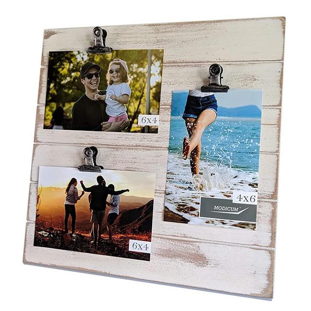 Modicum | Shiplap Photo Display Board - Picture Frame with Clips for 3 Photos (Three 4x6 or Two 4x6 with One 5x7), Easy Quick Change Photo Collage, Hang on Wall or Stand on Tabletop (Rustic White)