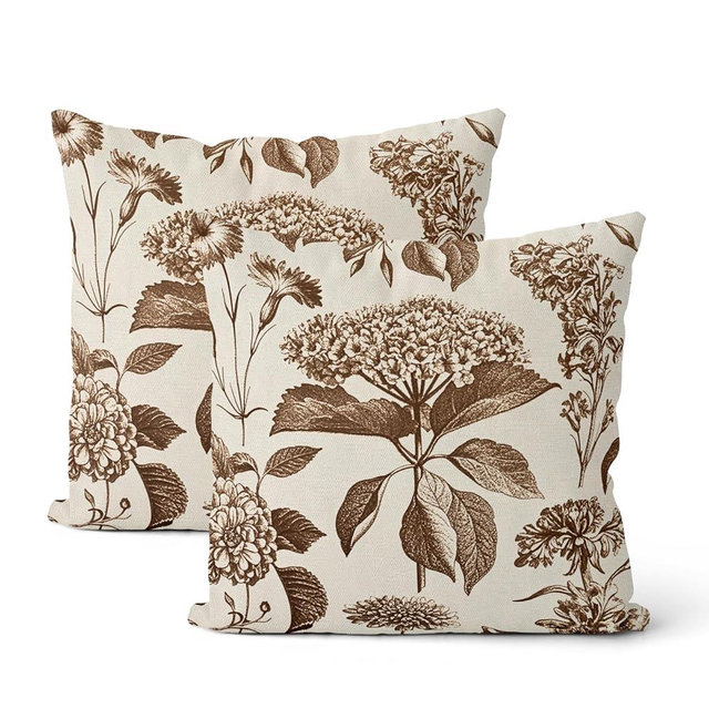DAFENA Brown Pillow Covers 18x18 Inch 2 Pcs Boho Vintage Floral Decor Throw Pillows Hydrangea Flower Seasonal Outdoor Farmhouse Neutral Accent Decoration Pillowcase Linen Cushion Cover for Couch