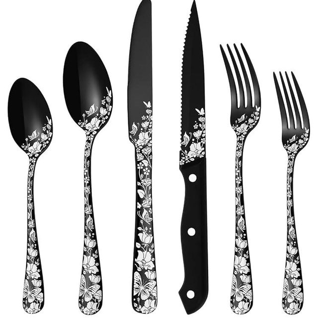 Stapava 24 Pcs Black Silverware Set with Steak Knives for 4, Stainless Steel Flatware Cutlery Set, Include Forks Spoons and Knives set, Mirror Polished, Dishwasher Safe Utensils for Home Restaurant