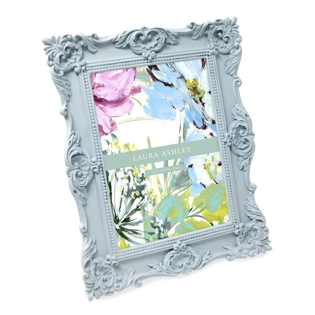 Laura Ashley 5x7 Powder Blue Ornate Textured Hand-Crafted Resin Picture Frame w/Easel & Hook for Tabletop & Wall Display, Decorative Floral Design Home Décor, Photo Gallery, Art (5x7, Powder Blue)
