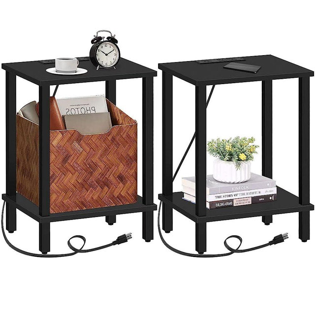 TUTOTAK End Table with Charging Station, Set of 2, Side Table with USB Ports and Outlets, Nightstand, 2-Tier Storage Shelf, Sofa Table for Small Space, Living Room, Bed Room TB01BK041