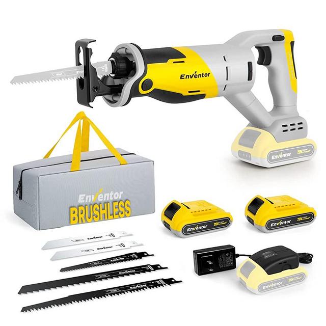 Reciprocating Saw, ENVENTOR 20V MAX Brushless Cordless Sawzall with Two 2.0AH Battery Packs, 3000RPM, 7/8" Stroke Length, Variable Speed, Tool-Free Blade Change, 5 Saw Blades for Wood & Metal Cutting