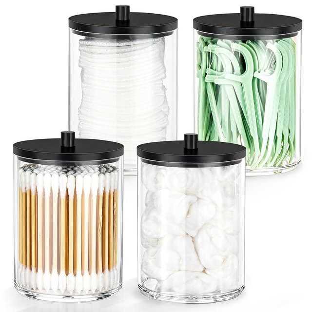 4 Pack 10 oz Acrylic Qtip Holder Dispenser for Cotton Swabs, Balls, Pads, Floss Picks- Bathroom Small Clear Plastic Canister Apothecary Jar Set Essentials Accessories Decor, Vanity Storage Organizer