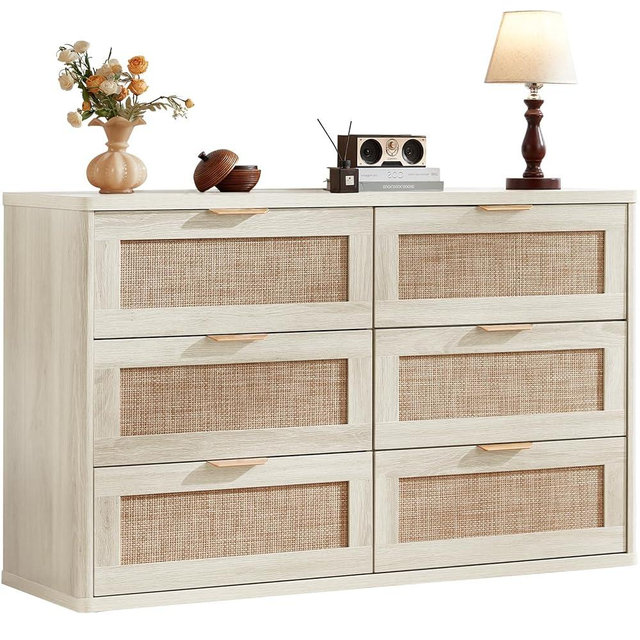 LEYAOYAO Rattan Dresser for Bedroom Set of 2, Boho 48" Wide White Dresser Chest of Drawers, Dressers TV Stand with Metal Handle, Storage Dressers Closet Organizer for Living Room, Hallway