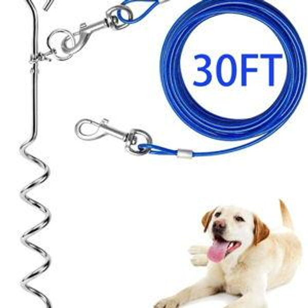 Dog Tie Out Cable and Anti Rust Spiral Stake , 30ft