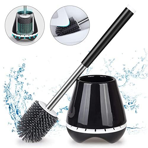 MEXERRIS Toilet Brush and Holder Set Stainless Steel with Soft Silicone Bristle, Sturdy Cleaning Toilet Bowl Cleaner Brush Set for Bathroom Storage and Organization - Tweezers Included (Black)