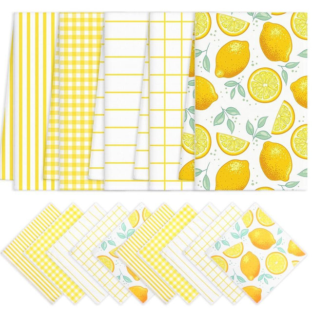 Hillsuren 15 Pack Lemon Kitchen Towels Lemons Dish Towels 28 x 16 Inch & 12 x 12 Inch Absorbent Yellow Accessories for Kitchen Bathroom Summer Decor Gifts, 5 Style