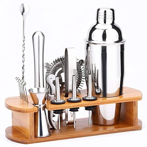 Bournis Bar Tool Set with Stand, 16 Pcs 750mL Stainless Steel Cocktail Bartender Shaker Set with Stand, Bar Shaker Strainer Jigger Muddler Wine Stopper Pourer Kit