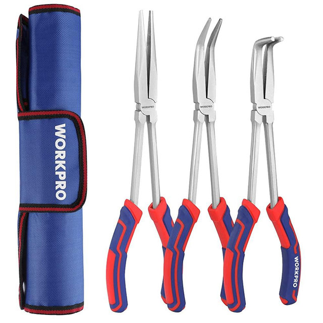 WORKPRO 3PC Long Reach Pliers Set, 11 Inch Extra Long Needle Nose Pliers Set Includes Long Reach Straight Pliers, 90° Bent Nose Pliers, 45°Bent Nose Pliers, Pliers Tool Set for Narrow Spaces