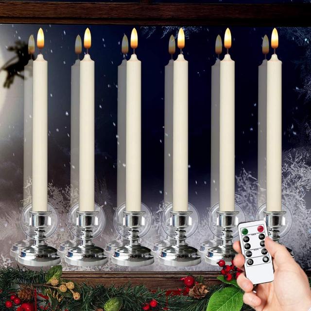 Flameless Window Candles with Remote & Timer, 10" Battery Operated 3D Wick LED Flickering Taper Candle for Christmas Decorations, Removable Silver Holder and Suction Cups Included(6 Pack)