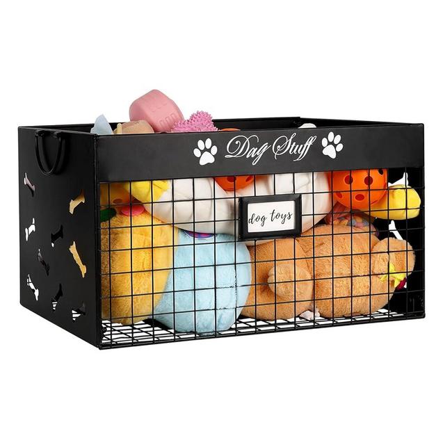 Bfttlity Dog Toy Bin Large Dog Toy Basket Metal Dog Toy Box with Handles and Label Position Design Perfect for Pet Toys, Blankets, Clothes and Food (Not Included Label) (Large)
