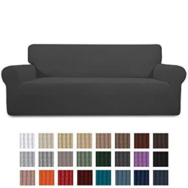 Easy-Going Stretch Sofa Slipcover 1-Piece Couch Sofa Cover Furniture Protector Soft with Elastic Bottom for Kids, Spandex Jacquard Fabric Small Checks(Sofa,Dark Gray)