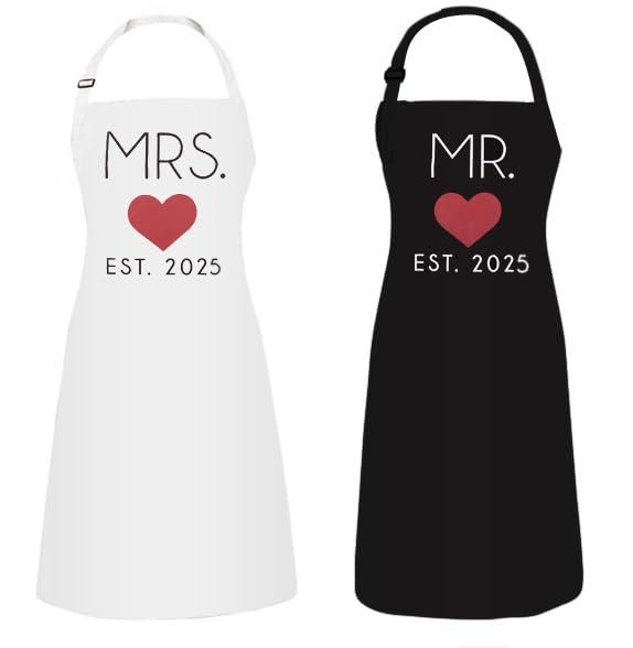 GSM Brands Mr. and Mrs. Couples Kitchen Aprons (2-Piece Set) Cute Cooking Bibs for Newlyweds