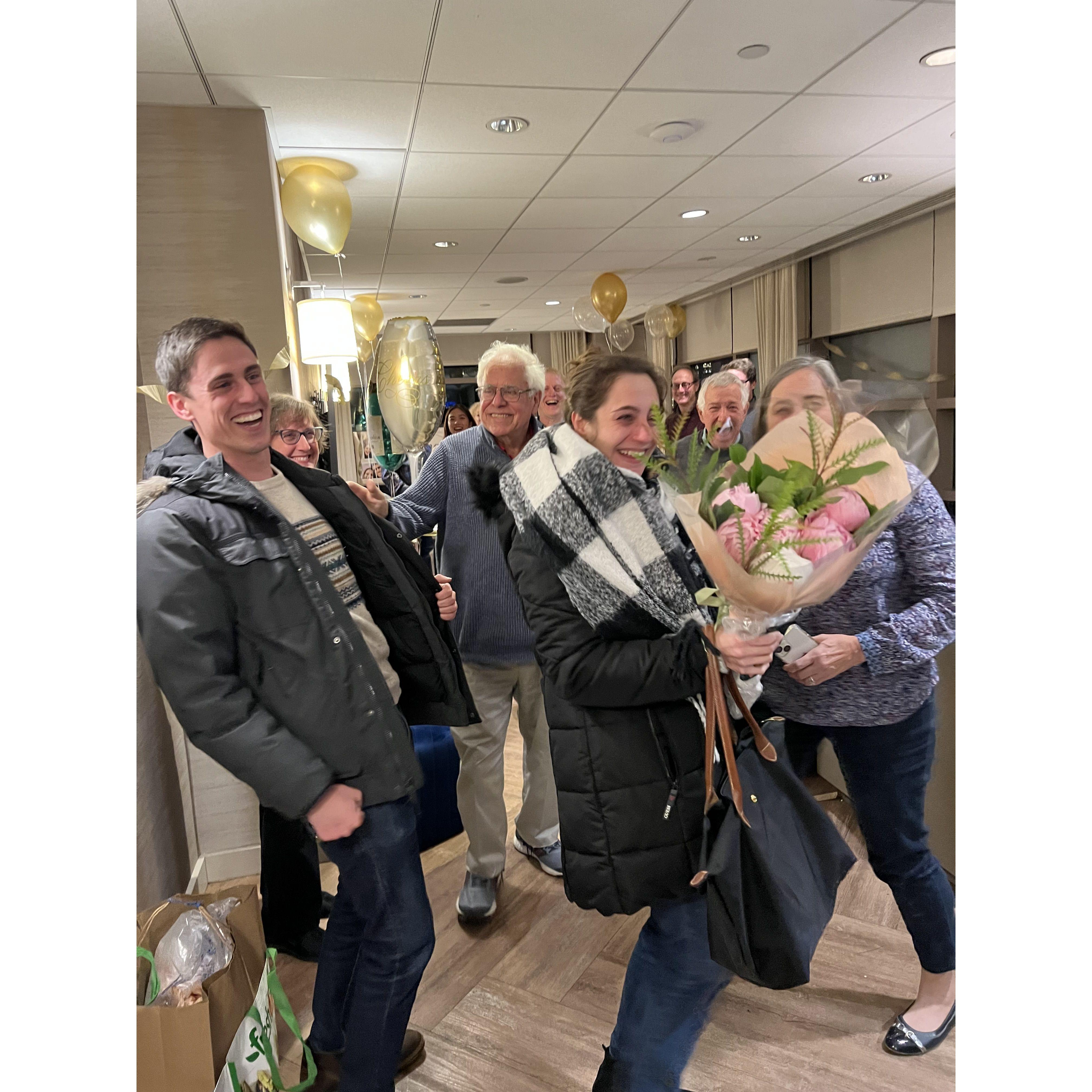 The surprises didn’t stop the night of the proposal - Alex arranged for both families to surprise Ella at their building. Note the peonies Alex somehow found in November - Ella’s favorite flower!