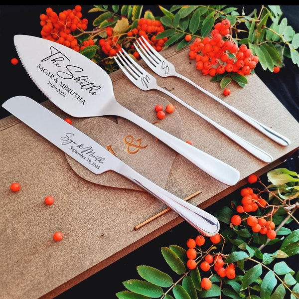 Black Wedding CAKE CUTTING SET with Forks, Personalized Cake Cutter Serving Set, Engraved Cake Server, Carton or Wooden Gift Box