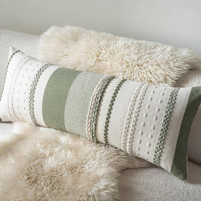 Cethom Boho Lumbar Pillow Covers 14x36 Inch Long, Green Textured Decorative Couch Pillow Cases for Farmhouse Home Decor, Accent Cushion Cover for Sofa, Bed, Living Room, Bedroom, Pack of 1