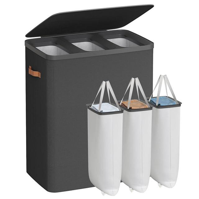 SONGMICS Laundry Basket, 50.2 Gal. Laundry Hamper, 3 Compartments, Easy Assembly, with Lid and Handles, Removable Liners, 25.2 x 15.7 x 29.5 Inches, Ink Black ULCB814BH01