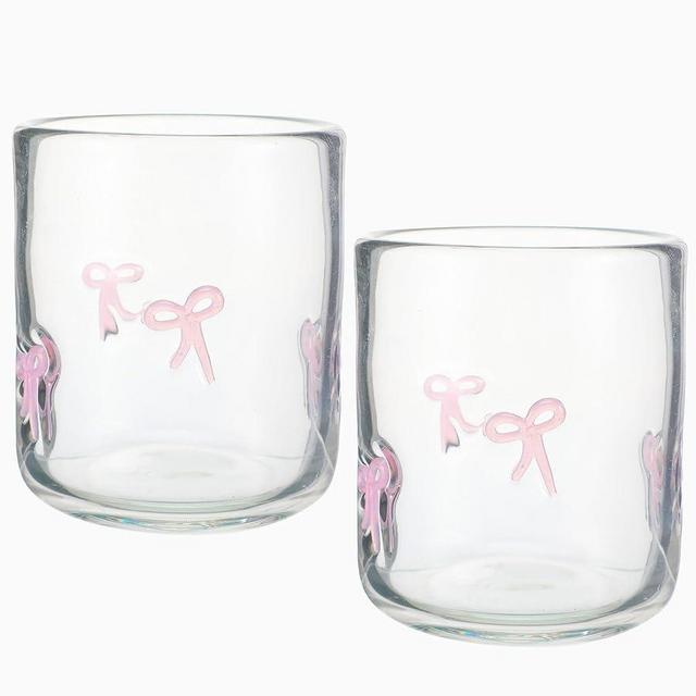 Skylety 2 Pack Bow Icon Juice Glass Coquette Bow Aesthetic Cup 14 ounce Double Old Fashioned Icon Handblown Cocktail glasses for Women Friend Party(Pink)