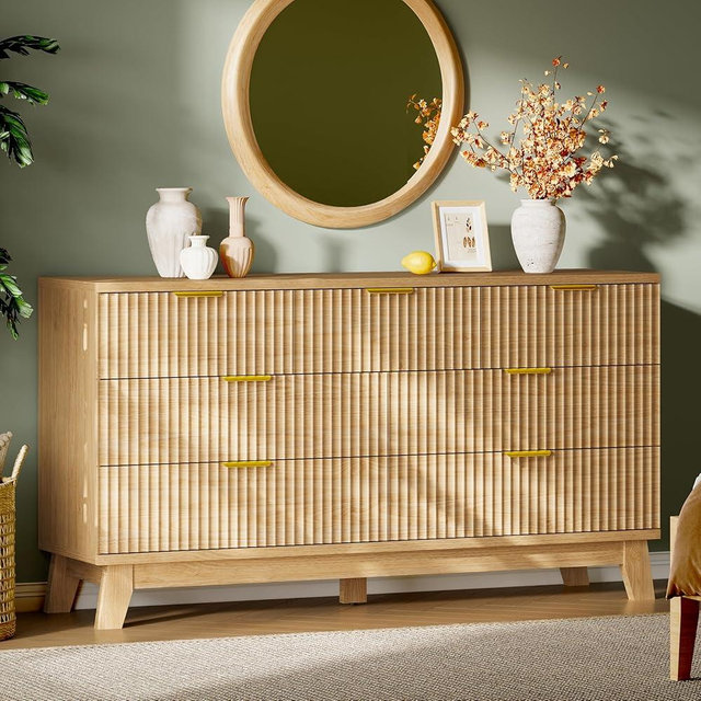Xixini Fluted Dresser with 7 Drawers, 58" Wide Modern Chest of Drawers with Metal Handle, Wooden Dresser TV Stand, Wood Closet Clothes Storage Organizer for Bedroom, Living Room, Hallway, Natural Oak