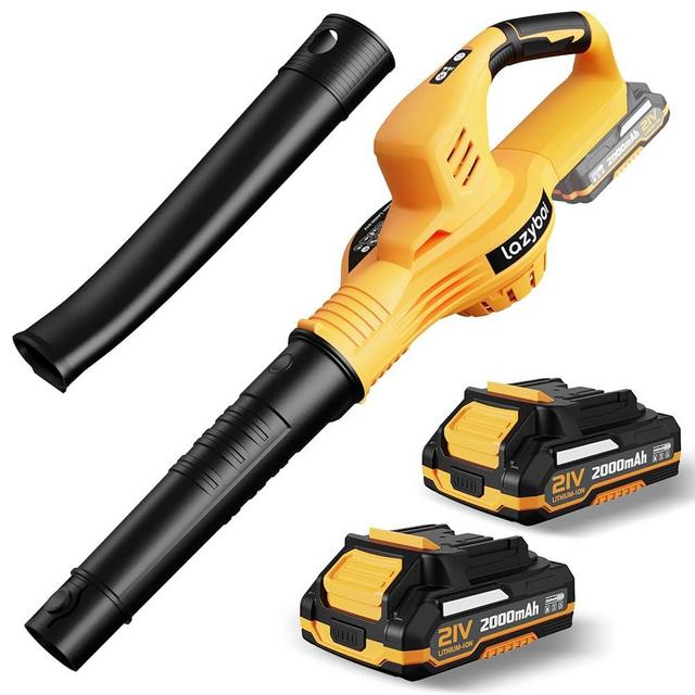 Leaf Blower Cordless with 2 Batteries and Charger, 150MPH Handheld Electric Leaf Blower with 2 Speed Mode 21V 2.0Ah Battery Powered Leaf Blowers for Lawn Care, Patio, Blowing Leaves, and Snow Yellow
