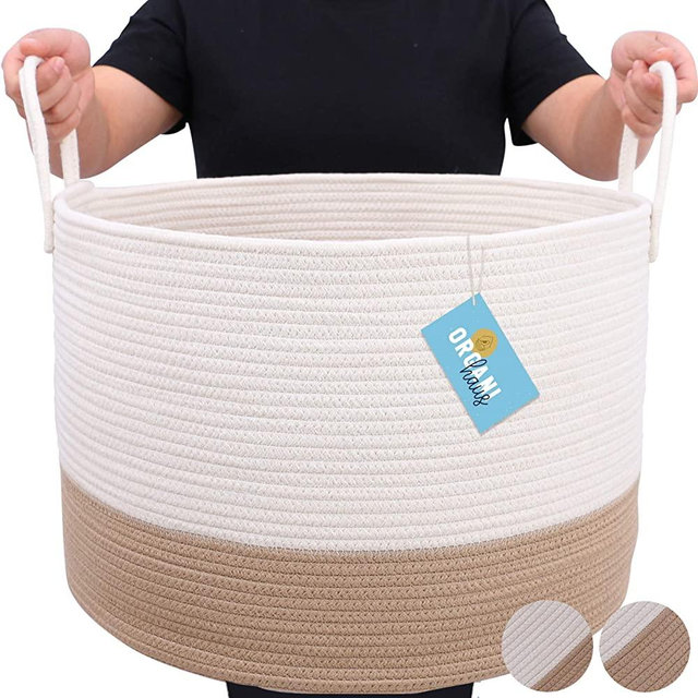 OrganiHaus XXL Large Rope Laundry Basket – Tastefully Appointed Extra Large Decorative Hamper, 100% Natural Cotton Storage Basket - 20" x 13.3" (Wide (20"x13.3"), Honey/Off-White)