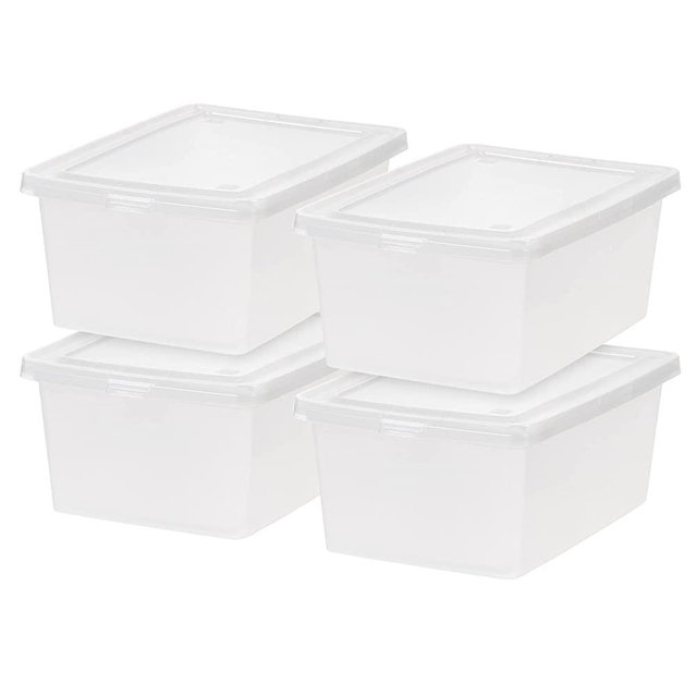 IRIS USA 14.5 Quart Plastic Storage Bin Tote Organizing Container with Latching Lid for Shoes, Heels, Action Figures, Crayons/Pens, Art Supplies, Stackable and Nestable, 4 Pack, Clear (585078)