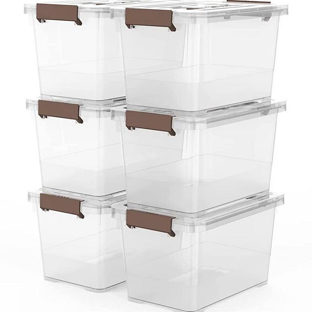 WYT 6-Pack Clear 8 Quart Storage Latch Box/Bins, Plastic Stackable Latching Box with Brown Handle and Lid, Multi-Purpose, 8 Litre