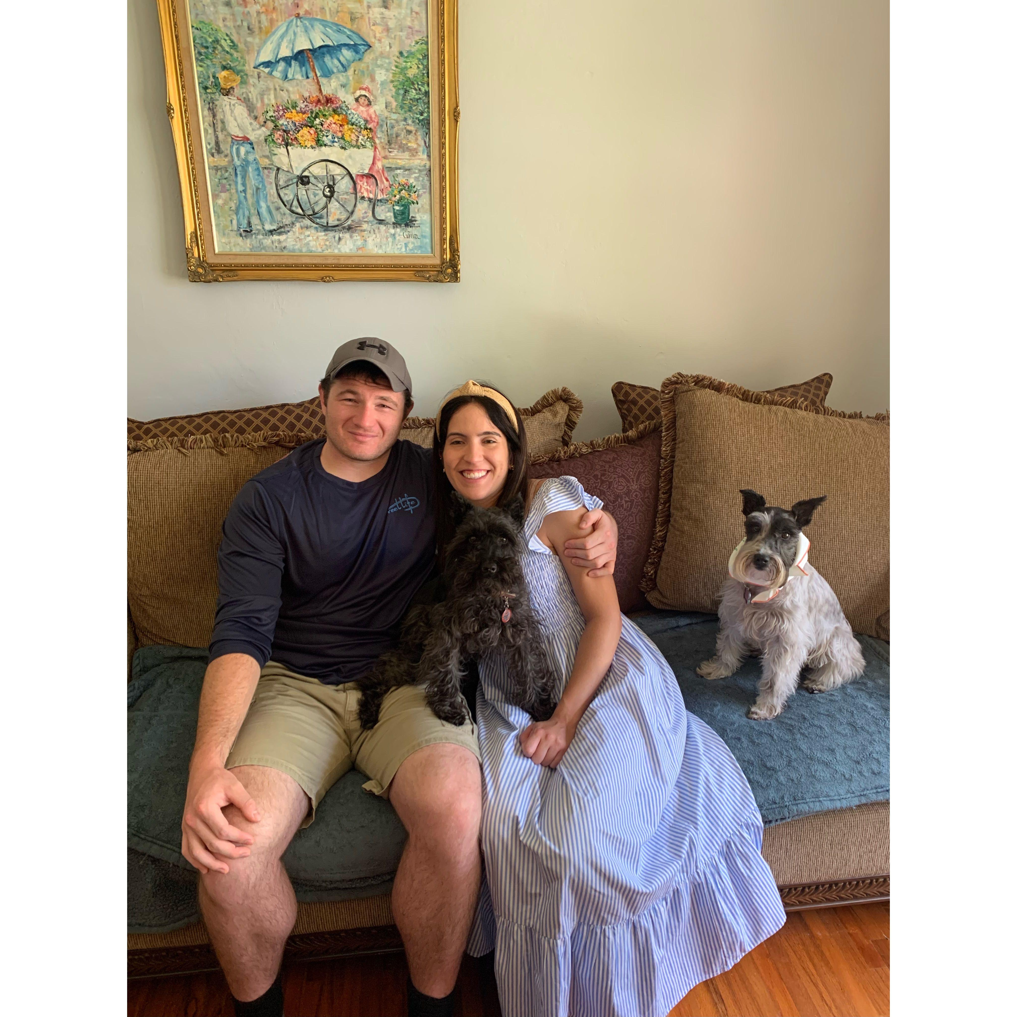 Our first Easter together. Shown with Katie's dog, Bailey, and her dog niece, Bella.