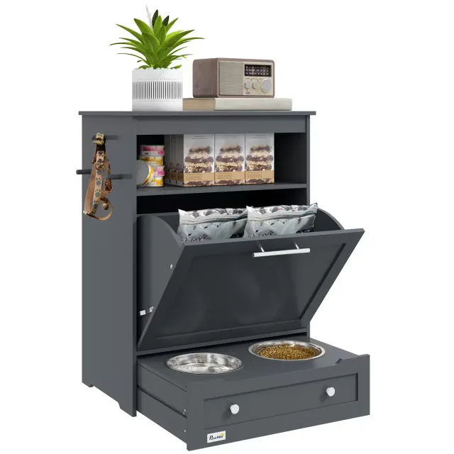 PawHut Pet Feeder Station Storage Cabinet, Dog Food Storage Container with Raised Dog Bowls and Hanger for Feeding & Watering Supplies, Gray