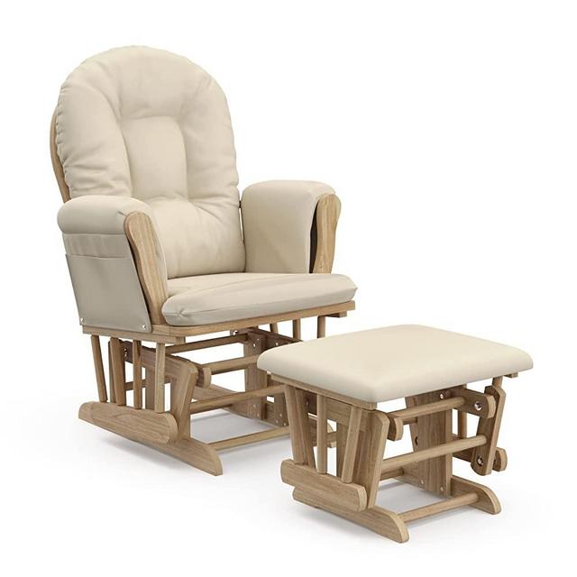 Storkcraft Premium Hoop Glider and Ottoman (Natural Base, Beige Cushion) - Padded Seat Cushions with Storage Pocket, Smooth Rocking Motion, Easy to Assemble, Solid Hardwood Base