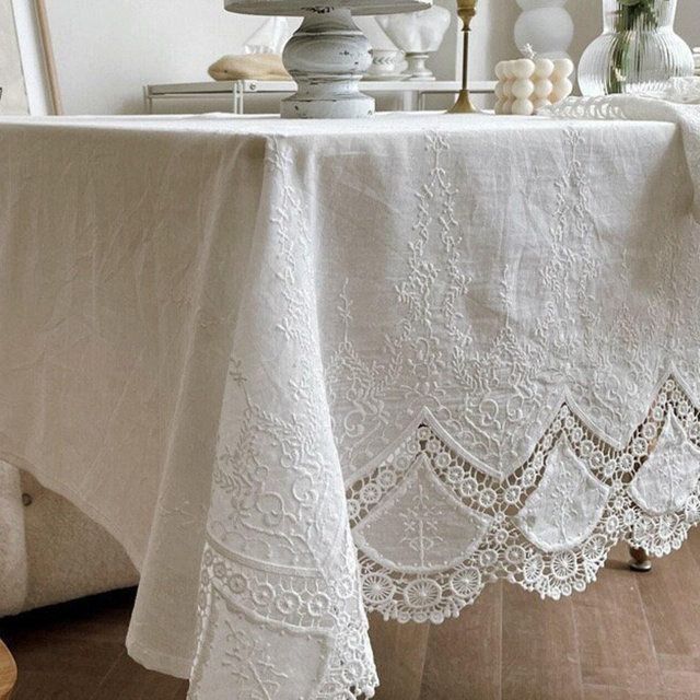 French Floral Lace Embroidered Rectangle Tablecloth/100% Cotton Table Cover/White Lace Wedding Tablecloth/Custom Farmhouse Round Tablecloth