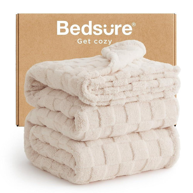 Bedsure Light Beige Fleece Blanket for Couch - Super Soft Cozy Queen Blankets for Women, Cute Small Throws for Girls, 90x90 Inches