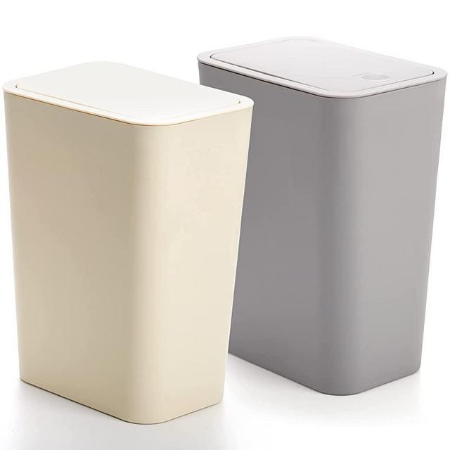 Fasmov Trash Can 2 Pack 7.5 Liter / 2 Gallon Plastic Garbage Container Bin with Press Top Lid, Waste Basket for Kitchen, Bathroom, Living Room, Office, Narrow Place (Gray + Apricot)