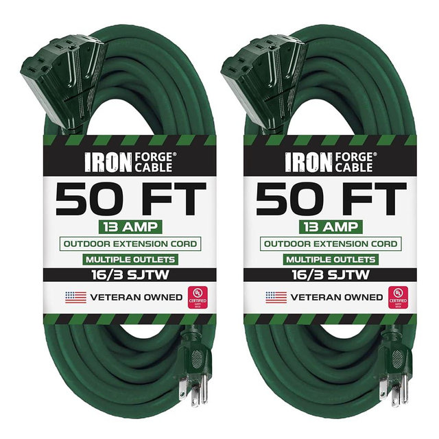 Iron Forge Cable 2 Pack 50ft Green Outdoor Extension Cord with 3 Outlets - 16/3 SJTW 50ft Extension Cord, 13 Amp All-Weather Heavy Duty Power Cable