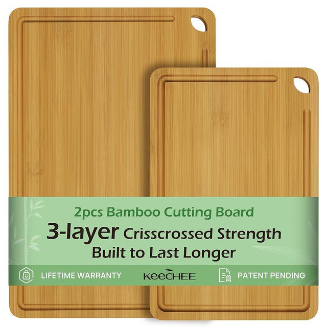 Keechee Chopping Board Duo 2-Pcs Natural Bamboo With Juice Channels & Knife-Friendly Finish For Versatile Kitchen Use, Ideal Charcuterie & Chopping Multi-Use
