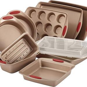 Rachael Ray Cucina Nonstick Bakeware Set Baking Cookie Sheets Cake Muffin Bread Pan, 10 Piece, Latte Brown with Cranberry Red Grips