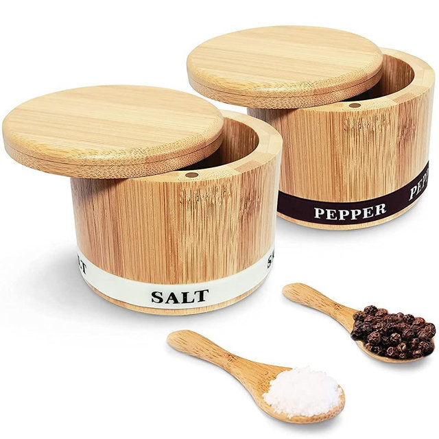 Thougrlyh Salt and Pepper Bowls Bamboo Pepper Salt Box with Swivel Lid and Spoon 2 Piece Set Salt and Pepper Cellar to Easily Open and Seal with 2 Spoon Storage Spice Pepper Salt Container
