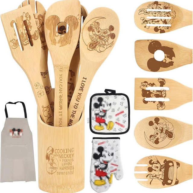 Wooden Spoon for Cooking- Cartoon Wooden Spoons Bamboo Utensils Set Kitchen Decoration- Birthday Gift Kitchen Accessory with Cute Apron Oven Mitt Potholder- Best Kitchen Gifts for Women Friends (Grey)
