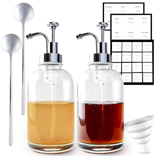 KHK Home Products | Coffee Syrup Dispensers for Coffee Bar | Waterproof Labels | Two Stainless Steel Coffee Spoons for Coffee Bar Accessories | Glass Syrup Bottle w/Pumps | Set of 2 | Silver