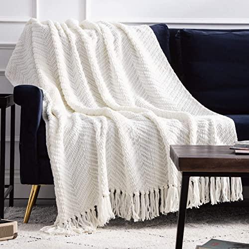 Bedsure White Throw Blankets for Couch, Textured Knit Woven Blanket, 50x60 Inch - Super Soft Warm Decorative Blanket with Tassels for Couch, Bed,Sofa and Living Room